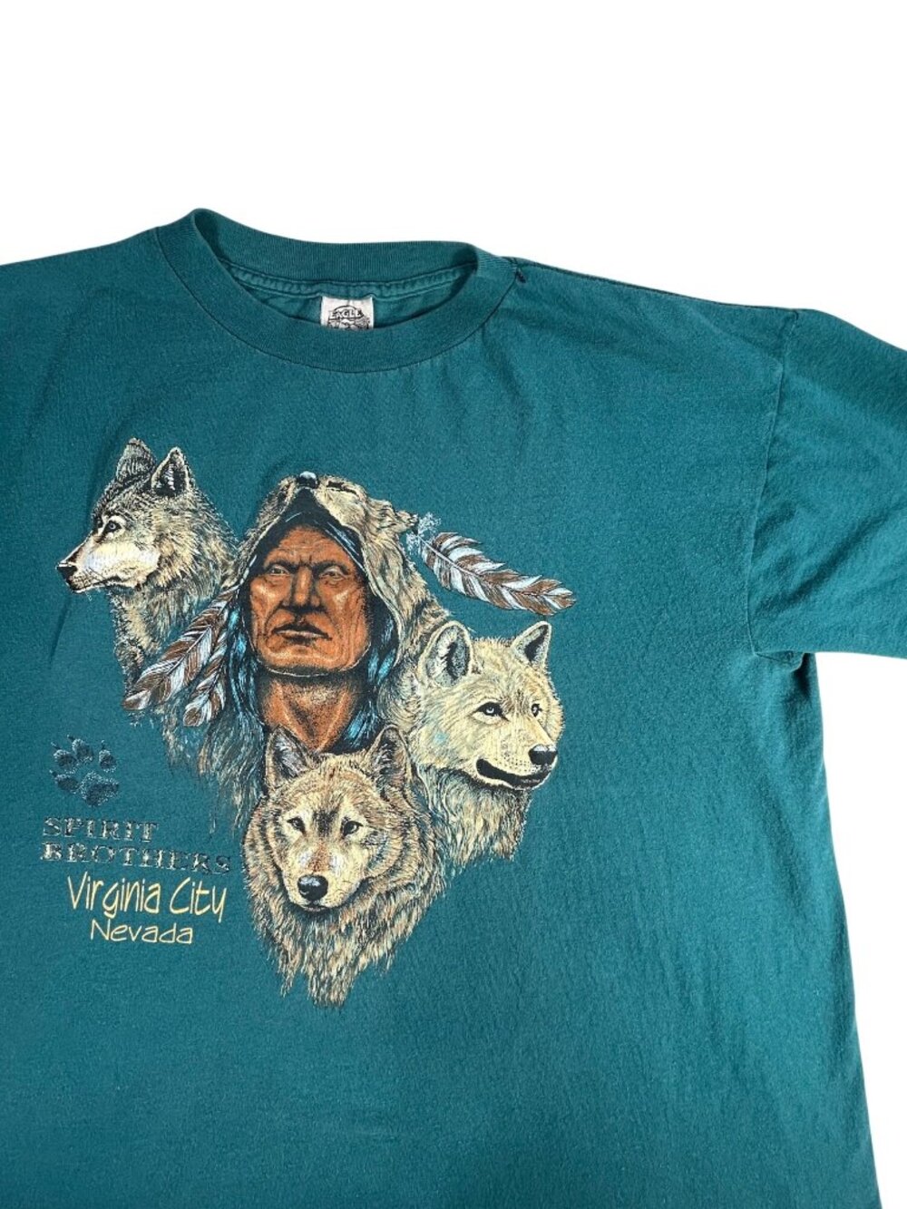 VTG Eagle Products Spirit Brothers Tee XL Made In USA Green Wolves & Feathers